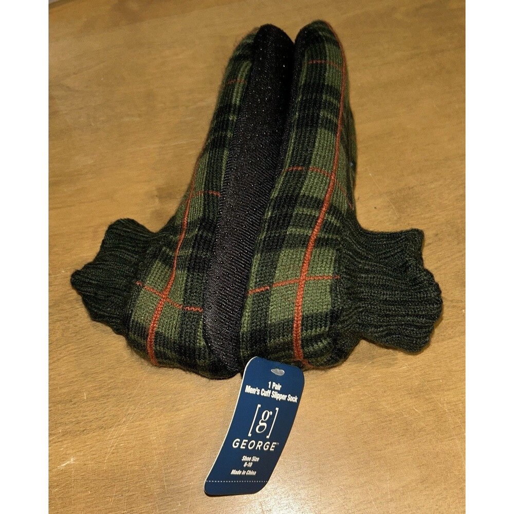 Men’s George Fuzzy Cuff Slipper Socks with Grippers, Non-Slip Size 8-10